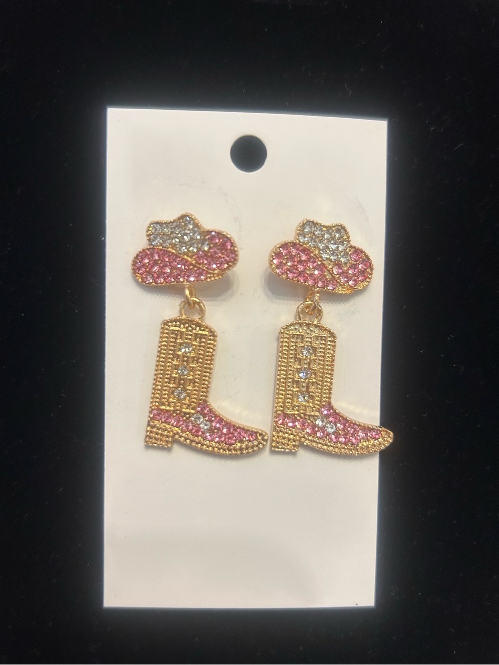 Pink Rhinestone Cowboy Hat & Boot Dangle Earrings Gold Tone